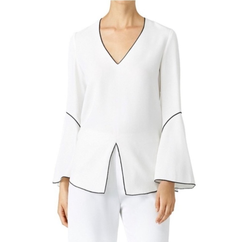 Derek Lam White V-Neck Bell Sleeve Blouse with Black Piping